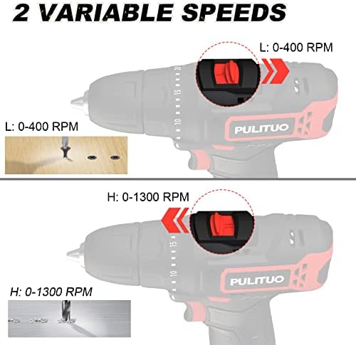 Broca/driver sem fio Pulituo, perfuração de energia com torque de 35n.m, embreagem 20+1, mandril sem chave, driver de broca