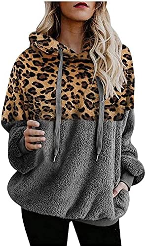 Moda feminina com capuz estampa de leopardo de manga longa e quente de retalhos de retalhos de lã de lã Tops Sweetshirts