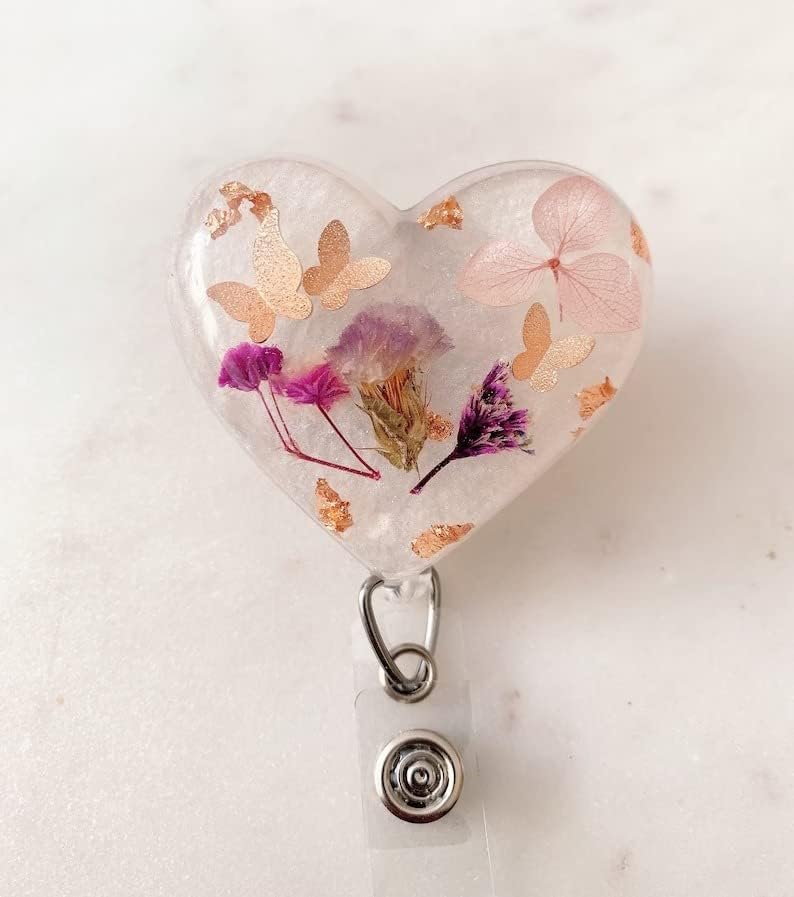 Boretas de ouro rosa metálico/lavanda seca Centro de coração floral Reel/Citch ritmo de resina/emblema de flores bobina whte
