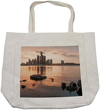 Bolsa de compras de Ambesonne Detroit, vista idílica do pôr-do-sol com edifícios altos rochas rios de rio calmo bolsa reutilizável
