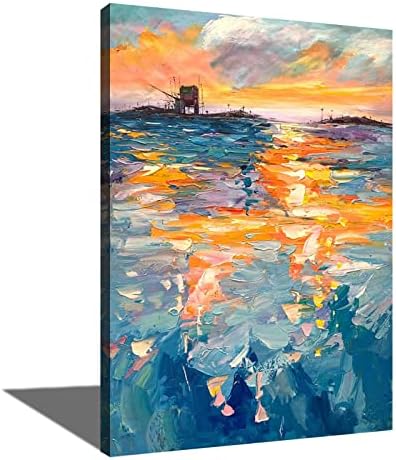 Pintura a óleo pintada à mão de Yehei, pôr do sol sobre o mar moderno pintura de paisagem, decoração de parede de arte para casa,