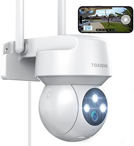 TOAIOHO 2K Câmera de segurança ao ar livre, câmera para segurança doméstica lá fora com visão noturna colorida, detecção de movimento e alarme, conversa bidirecional, IP66 à prova d'água, visualização de 360 ​​°, cartão SD e serviço de nuvem