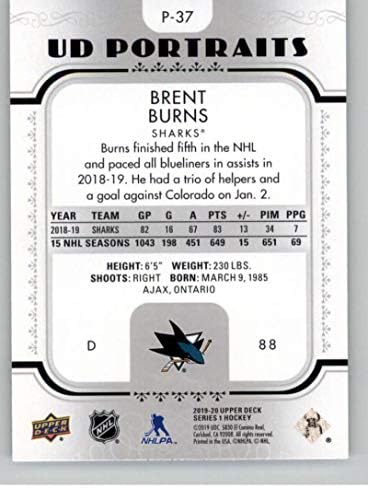 2019-20 Retratos do convés superior P-37 Brent Burns San Jose Sharks NHL Hockey Trading Card