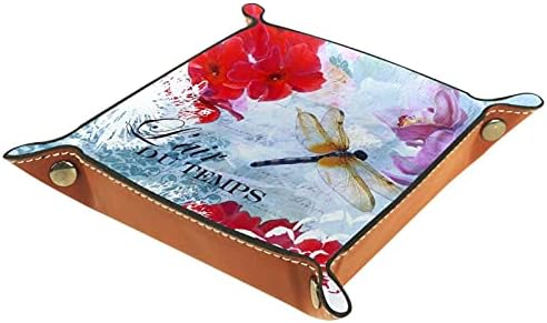 Bandejas de organizador de mesa de couro falso, bandeja de vaidade do banheiro de banho, bandeja de cômoda, bandeja de captura para trocar moedas keyeuropean florais libélula floral