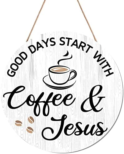 Decoração da parede do bar de café HMASYO, bons dias começam com café e Jesus, Farmhouse Wood Coffee Signs Coffee Bar Decor para casa,