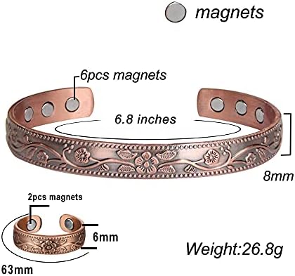 Pulseira de cobre magnética e anéis com padrão vintage para mulheres ajustáveis ​​para se encaixar na maioria dos pulsos