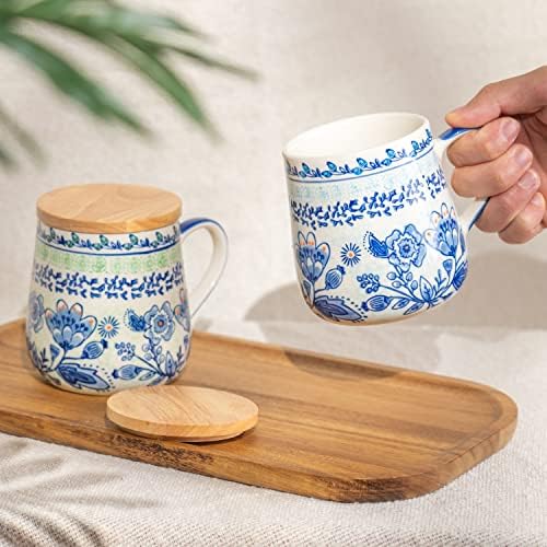 Caneca de café da Taimei TEATIME com tampa, conjunto de 2, 16,5 oz, canecas de café em cerâmica com padrão floral pintado à mão, conjunto de presentes para amantes de chá, mulher e casal, microondas e lavadora de lavar louça
