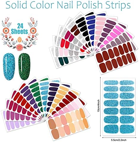 Jerclity 336 peças 24 folhas Glitter Color Solid Color Polish Polish Prains Glitter unhas Para unhas curtas com arquivo
