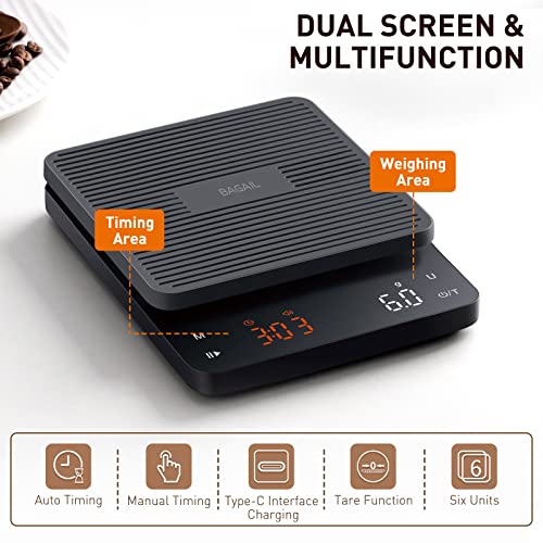 Bagail Kitchen Scale com timer, 0,1g de alta escala de café de alta precisão, escala de café expresso com tare automático, sensor