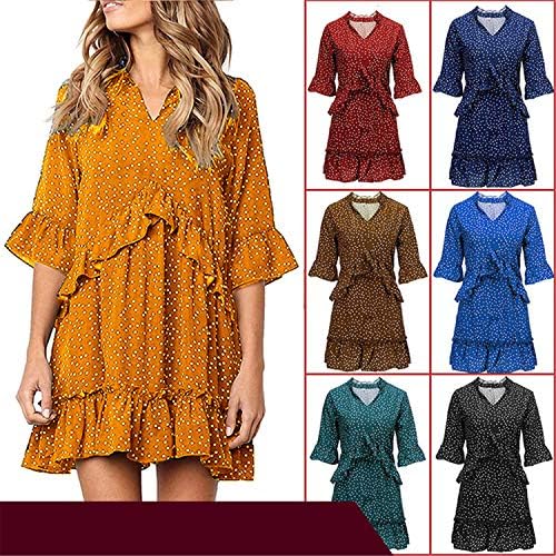 ANDONGNYWELL WOMENS POLKA DOT V VENDOS DE NECÇÃO RUSLO LONGO LONGA MINI VESTIDO CHIFFON DE CHIFFON RUFFLES vestidos