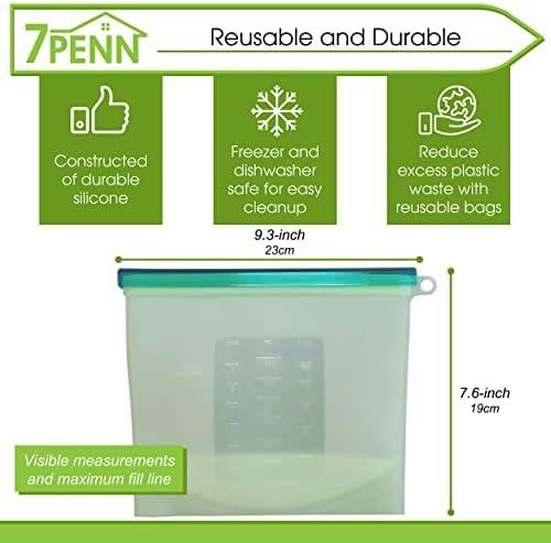 7PENN Silicone Food Storage Bag, 1500ml - 1pk lavável 9,3 x 7,6in Sacos de alimentos reutilizáveis ​​verdes para sanduíches e lanches