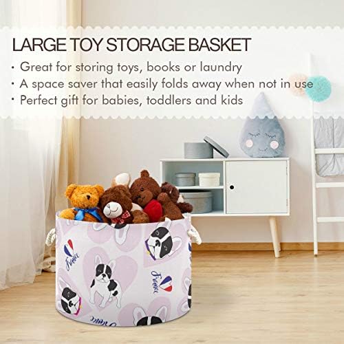 Alaza redonda cesta de armazenamento bin fofo cão francês colapsível travessa de roupas de roupa de bebê cesto de berçário com alças para brindes de armário de quarto presentes
