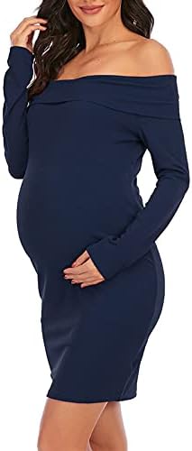 Vestido de maternidade da mulher fora do ombro Ruffle de manga longa vestido de corpo -bodycon vestido de maternidade sólida