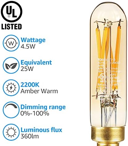 Bulbo LED T6 diminuído da Torchstar, UL listado, lâmpada de candelabra E12, 4,5W, lâmpadas edison tubulares T25 para lustres, arandelas de parede, CRI90, vidro quente âmbar, 360lm, 2200k Amber Warm, pacote de 6