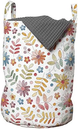 Bolsa de lavanderia floral lunarável, padrão contínuo de flores pintadas coloridas e folhas de arte da primavera, cesta de cesto com alças fechamento de cordas para lavanderia, 13 x 19, multicolor