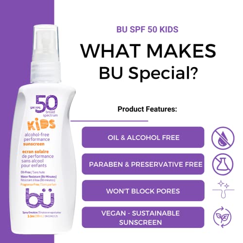 Protetor solar Spray Kids SPF 50 Por BU-Tamanho da viagem Formulação orgânica para pele sensível-livre de fragrâncias, livre de óleo, não oleosa, não comedogênica, resistente à água