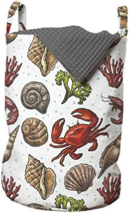 Bolsa de lavanderia do mar de Ambesonne, caranguejo de camarão e design de coral, elementos marinhos de verão, cesto de cesto de cesto com alças fechamento de cordão para lavanderias, 13 x 19, multicolor