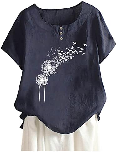 Camisa damas de manga curta 2023 linho algodão Crewneck Boat Botão de pescoço para cima de camisa gráfica para meninas adolescentes FP