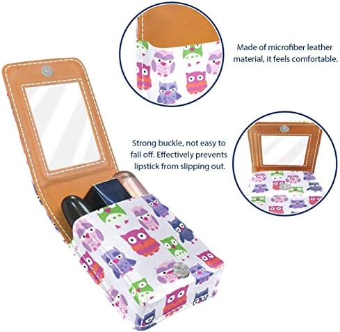 Lipstick Case Lipstick Organizer com espelho, suporte de batom para pão de mulheres meninas, mini bolsa portátil para batom, padrão colorido de coruja buho