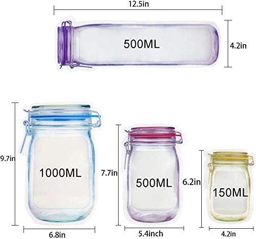 Meltset M Mason Jar Garrafs Sacos, 4pcs Sacos de armazenamento de economia de alimentos portáteis, bolsa de armazenamento de lanches de comida fresca reutilizável, lanches à prova de vazamentos com zíper sacos selados para camping de viagem, médio