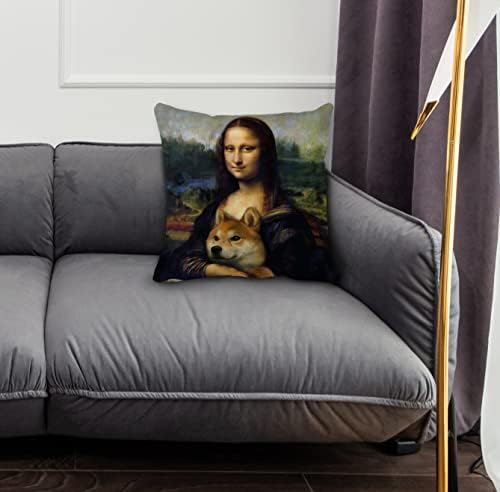 Gichugi Dog Temático 18 ″ × 18 ″ engraçado Mona Lisa e Shiba Inu Inu Decorativo Pasaceiro da Casal para casa Sooff Sofá