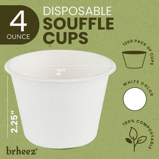 Brheez 4 oz - pacote de 1200 copos de suflê de fibra de bagaço descartáveis ​​- natural, biodegradável e compostável, perfeito para condimentos, porção pequena e amostras, alternativa ecológica - alternativa - branco