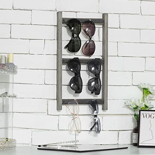 Mygift vintage de lenha cinza pendurada Óculos de sol Solder com trilhos de metal, design de escada montado na parede 3 stand de armazenamento de óculos de varejo em camadas
