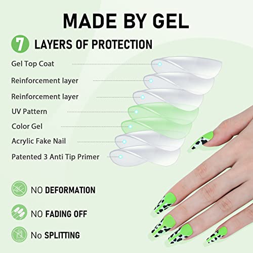 Pressione o caixão médio da unhas, 24pcs de vaca verde acrílico unhas falsas capa de unhas naturais, falsas com desenhos,