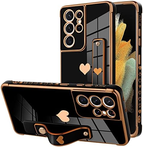 Kanghar projetado para Samsung Galaxy S21 Ultra Caso com Strap Luxury Love Heart Plating Bumper Phone Phone Pulitão Kickstand