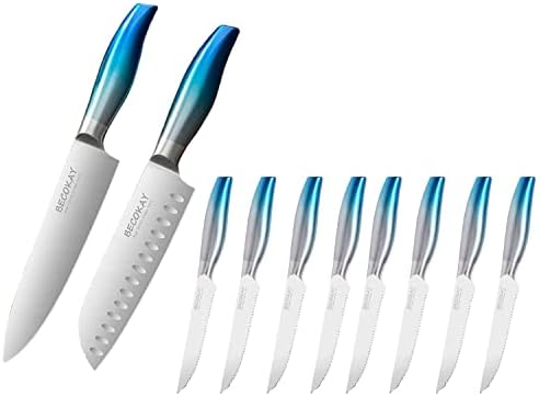 Becokay Facas de bife de 8, 8 polegadas Chef Chef e Faca Santoku de 7 polegadas, Facas de aço inoxidável premium com