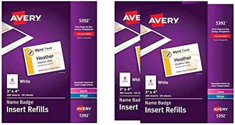 Avery Name Badge inserções, impressão ou gravação, 3 x 4 polegadas, 300 cartas de recarga de material, inserções de