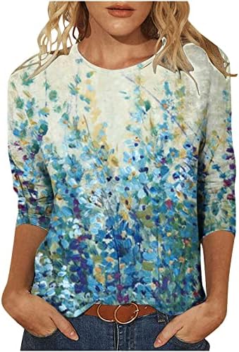 Camiseta da blusa de algodão para mulheres outono verão 3/4 manga de tripulante gráfica floral happy presente casual blouse de ovo de páscoa