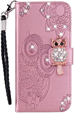 Gyhoya Compatível com Samsung Galaxy S23 Case Glitter Glitter Crylish Crystal Owl com pulseira Strap Kickstand Magnetic Leather Wallet