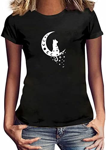 Camisetas gráficas fofas femininas Crewneck de manga curta de verão casual casual gato e lunas tee tops