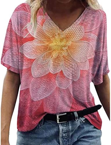 Blusa do outono de verão Mulheres de manga curta Moda de algodão V Gráfico de pescoço Brunch de ajuste solto para meninas 3h 3h
