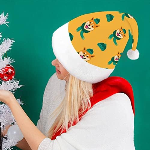 Engraçado Shiba Inu cachorro engraçado chapéu de Natal Papai Noel Hats Plush curto com punhos brancos para suprimentos de decoração