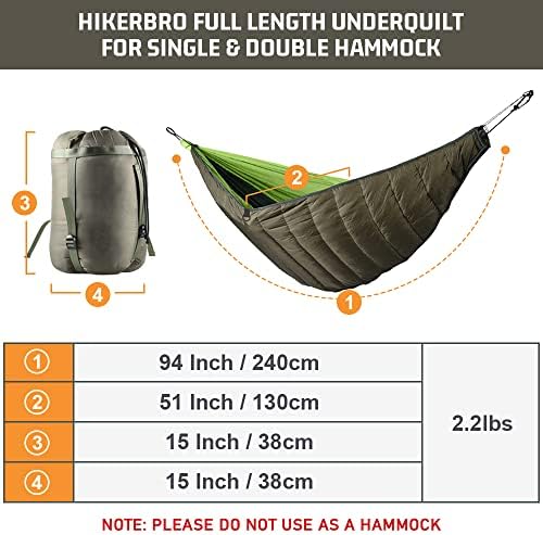 Sob colchas para redes, Hikerbro Ultralight Hammock Underfilbt, tamanho duplo com menos compacta para acampar de redes,