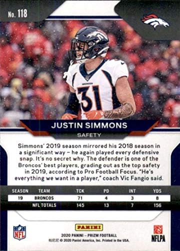 2020 Panini Prizm #118 Justin Simmons Denver Broncos NFL Football Trading Card
