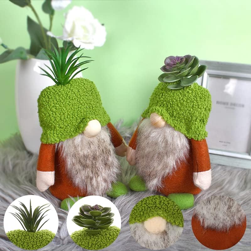 2pcs Gnomos suculentos Decorações macias, gnomos verdes feitos à mão Planter Spring Summer Summer Knome sueco Tomte elfo