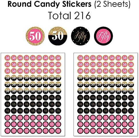 Aniversário de 50 anos chique - rosa, preto e dourado - mini invólucros de barra de chocolate, adesivos de doces redondos e adesivos
