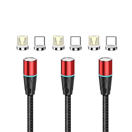 NETDOT Gen12 Magnetic Fast Charging Data Transfer Cable compatível com smartphones Micro USB e USB-C vêm com 2 conectores cada cabo [3,3 pés, 3 pacote vermelho]