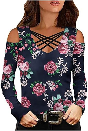 Nokmopo Womens Winter Tops moda moda casual estampa de flor de vasia em V cruzar com manga longa de manga longa.