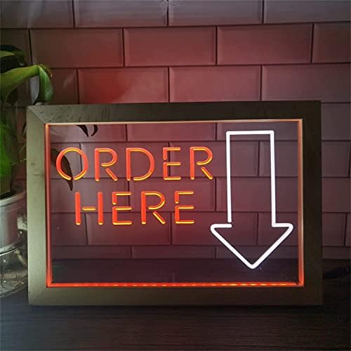 DVTEL Order aqui LED Néon Sign, decoração de loja Luzes noturnas USB Luzes de neon com moldura de madeira, Signal Luminous