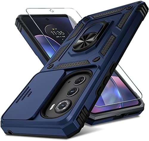 Motorola Moto Edge 2022 Caixa incorporada na tampa da câmera deslizante e protetor de tela [não para o Edge Plus], capa de telefone corporal inteiro à prova de choque pesado, incorporado no toque estável do anel de dedão Kickstand, 2022 azul
