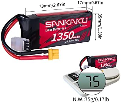 Sankaku 2pcs 2s Lipo Bateria 1350mAh 20c 7,4V Lipo macio macio com conector XT30 para hobby de helicóptero de helicóptero de