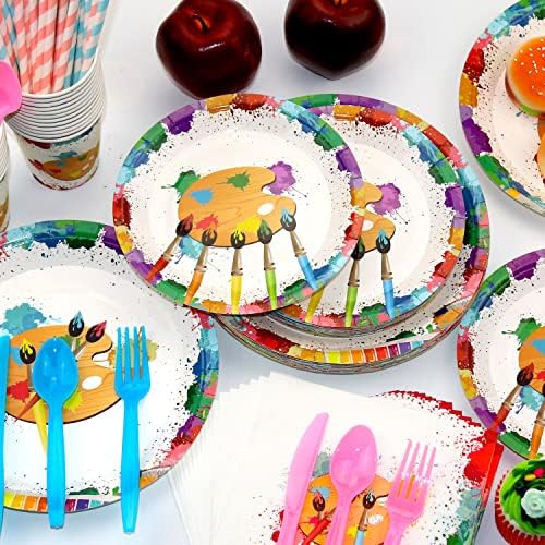 Art Birthday Party Supplies, Paint Party Supplies - pratos, xícaras, guardanapos, garfos, facas, colheres, palha, toalha de mesa, banner de feliz aniversário, redemoinhos pendurados, balão para festa de pintura - 20 convidados