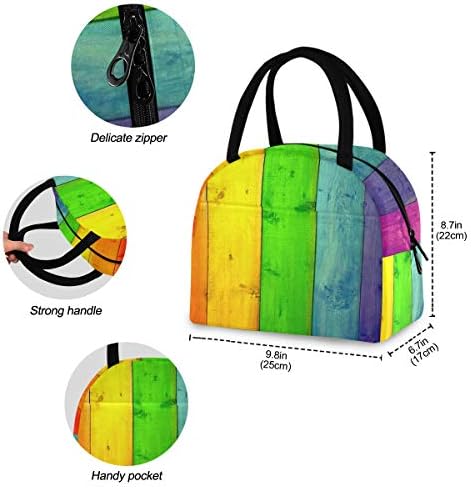 Lancheira com bolso- Plano de fundo placas multicoloridas cores arco-íris de madeira reutilizável saco de lancheira isolada saco de contêiner térmico refrigerador