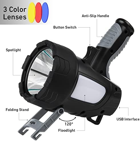 LBE Recarregável Spotlight Outdoor, 200000 lúmens lanterna de destaque LED com luz de espiga e tripé dobrável, 6 modos