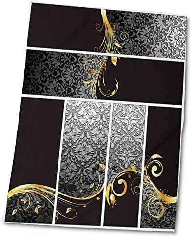 3drose Anne Marie Baugh Damask - Retângulos cinza damasco com floreios de ouro - toalhas