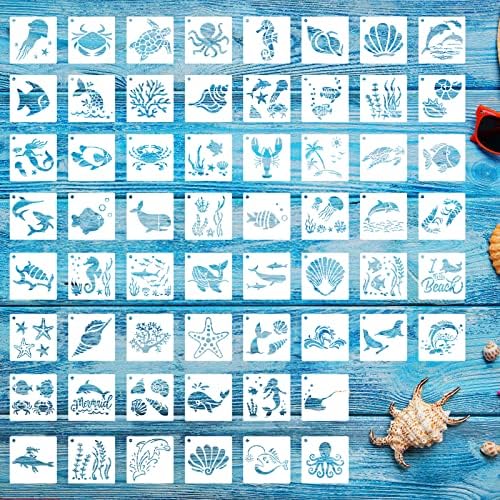 Yanmucy 60 peças tema oceano estêncil para pintar modelos de desenho reutilizáveis ​​estêncils modelos de animais
